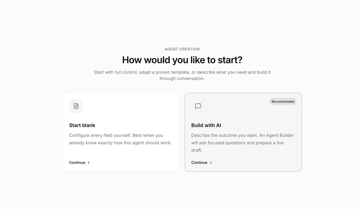 Agent creation starting points: Start blank and Build with AI