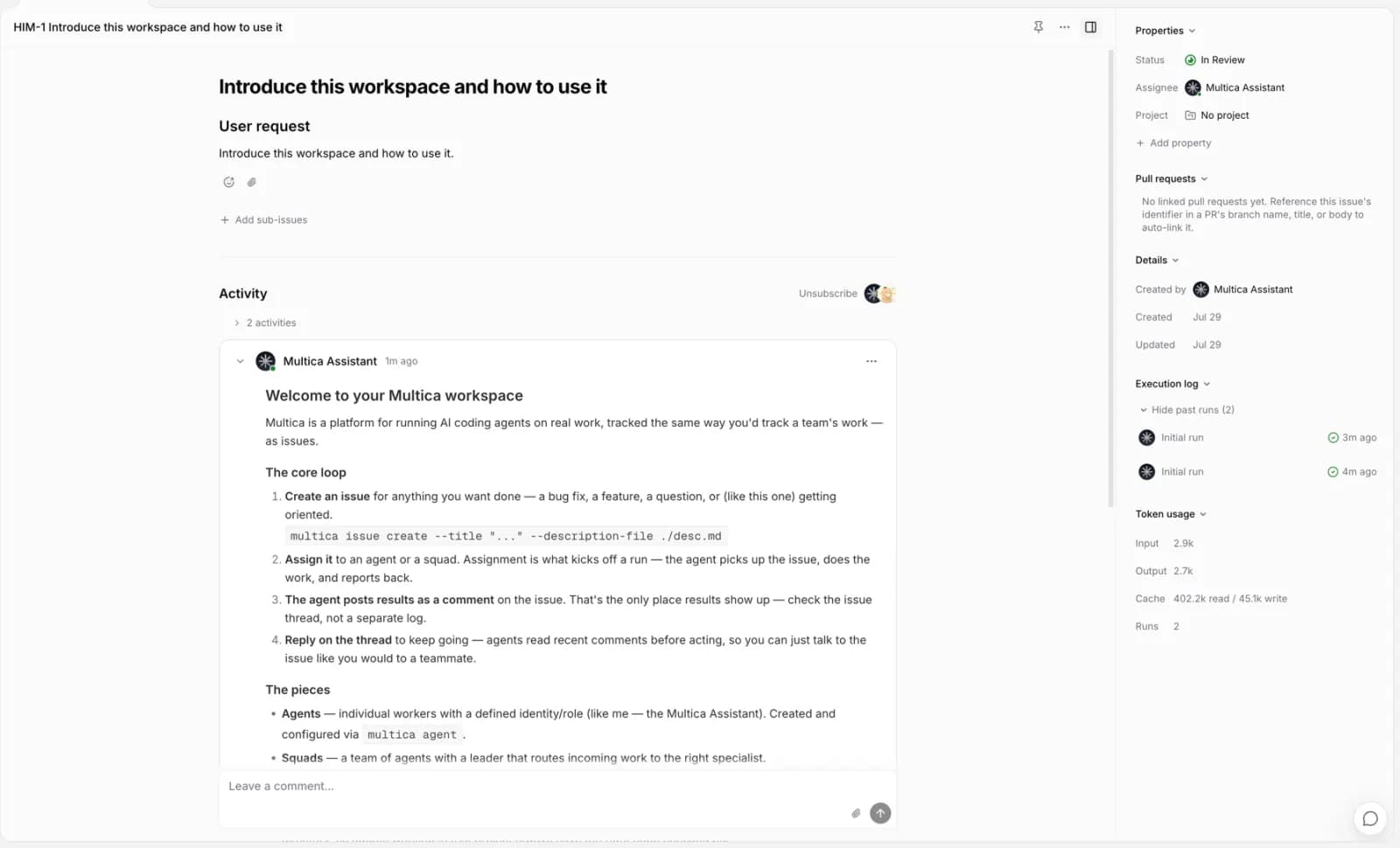 Execution log in the issue sidebar: active runs above past runs