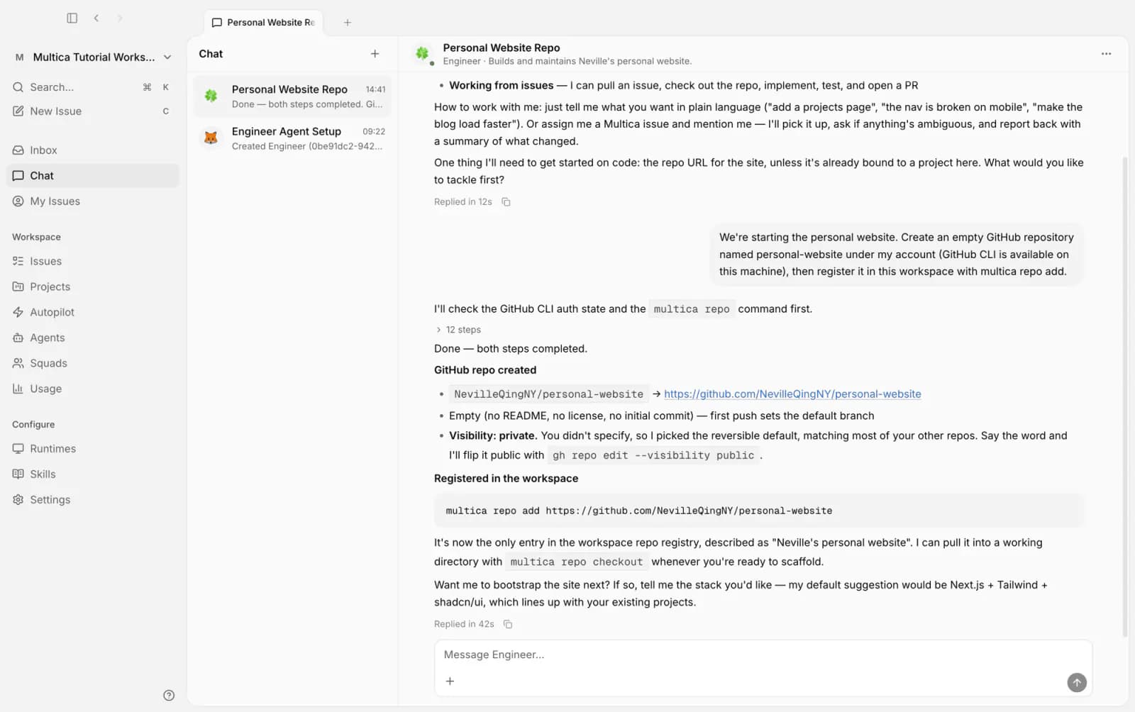 Chat: Engineer replies that the repository is created and registered